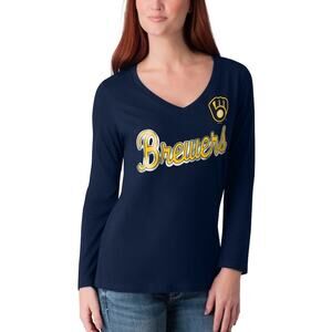 MLB Women’s Milwaukee Brewers 4Her Long Sleeve V-Neck T-Shirt Size Large